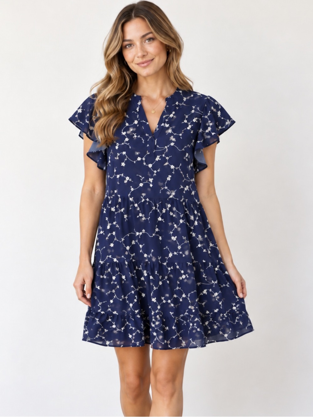 NWT CeCe Wildflower Floral Ruffle V-Neck A-Line Dress Boho Navy Small